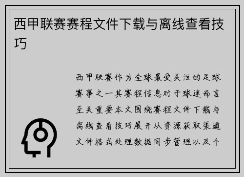 西甲联赛赛程文件下载与离线查看技巧