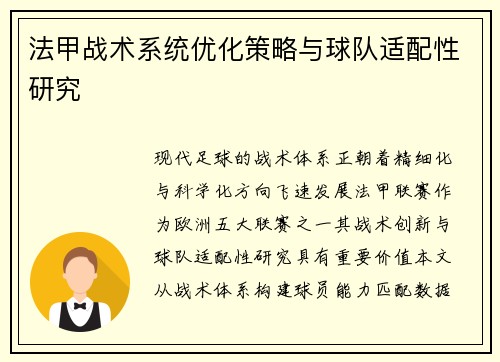 法甲战术系统优化策略与球队适配性研究