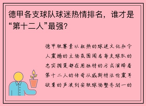 德甲各支球队球迷热情排名，谁才是“第十二人”最强？