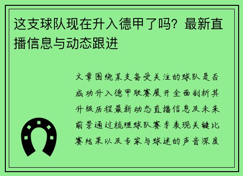 这支球队现在升入德甲了吗？最新直播信息与动态跟进